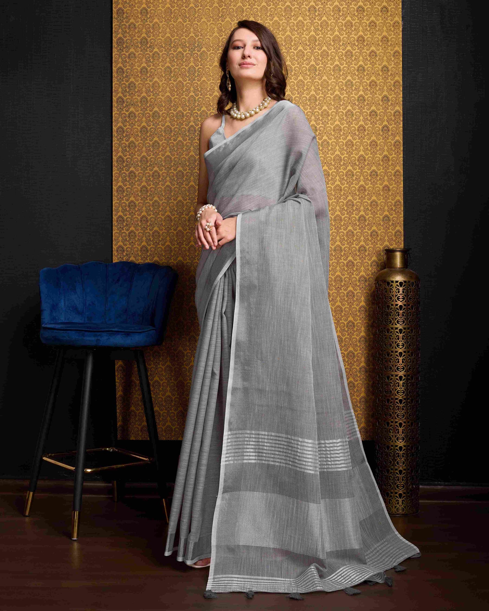 Gray Elegant Solid Saree with Zari Border – Timeless Grace ClothsVilla