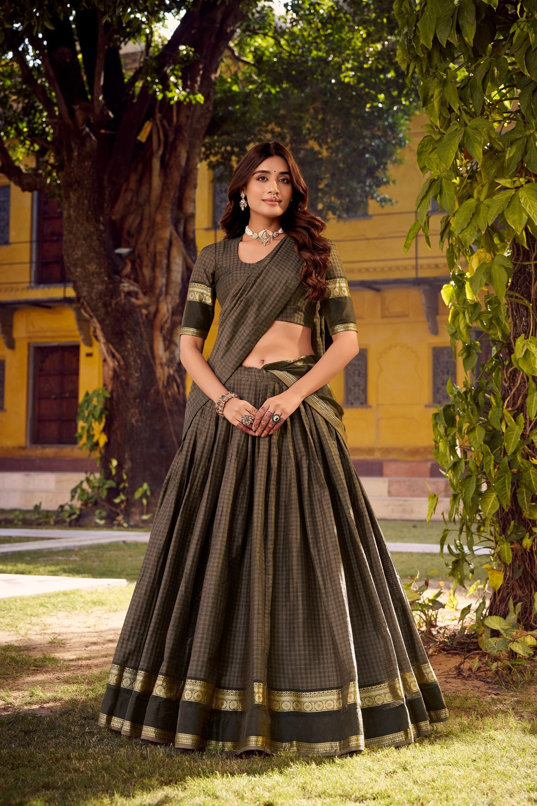 Gray Elegant Stitched Chettinad Cotton Lehenga with Checks & Zari Weaving – Traditional Festive Wear Set ClothsVilla Main image