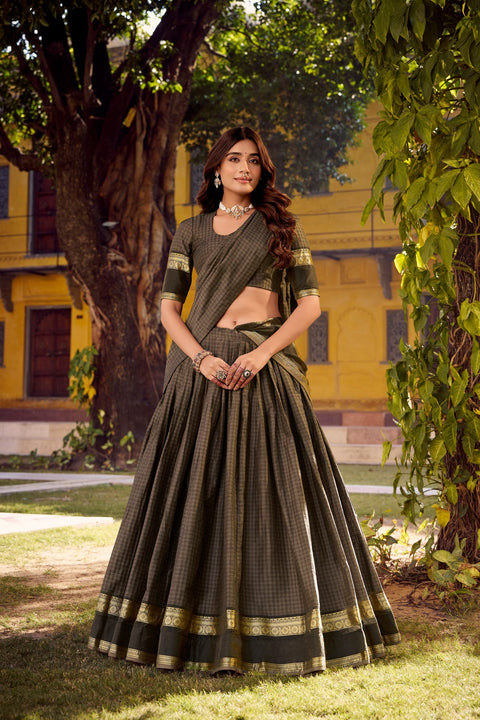 Gray Elegant Stitched Chettinad Cotton Lehenga with Checks & Zari Weaving – Traditional Festive Wear Set ClothsVilla Main image