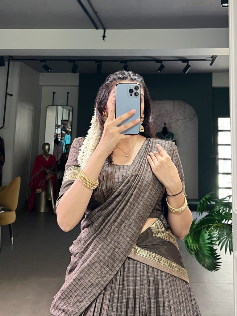 Gray Elegant Stitched Chettinad Cotton Lehenga with Checks & Zari Weaving – Traditional Festive Wear Set ClothsVilla