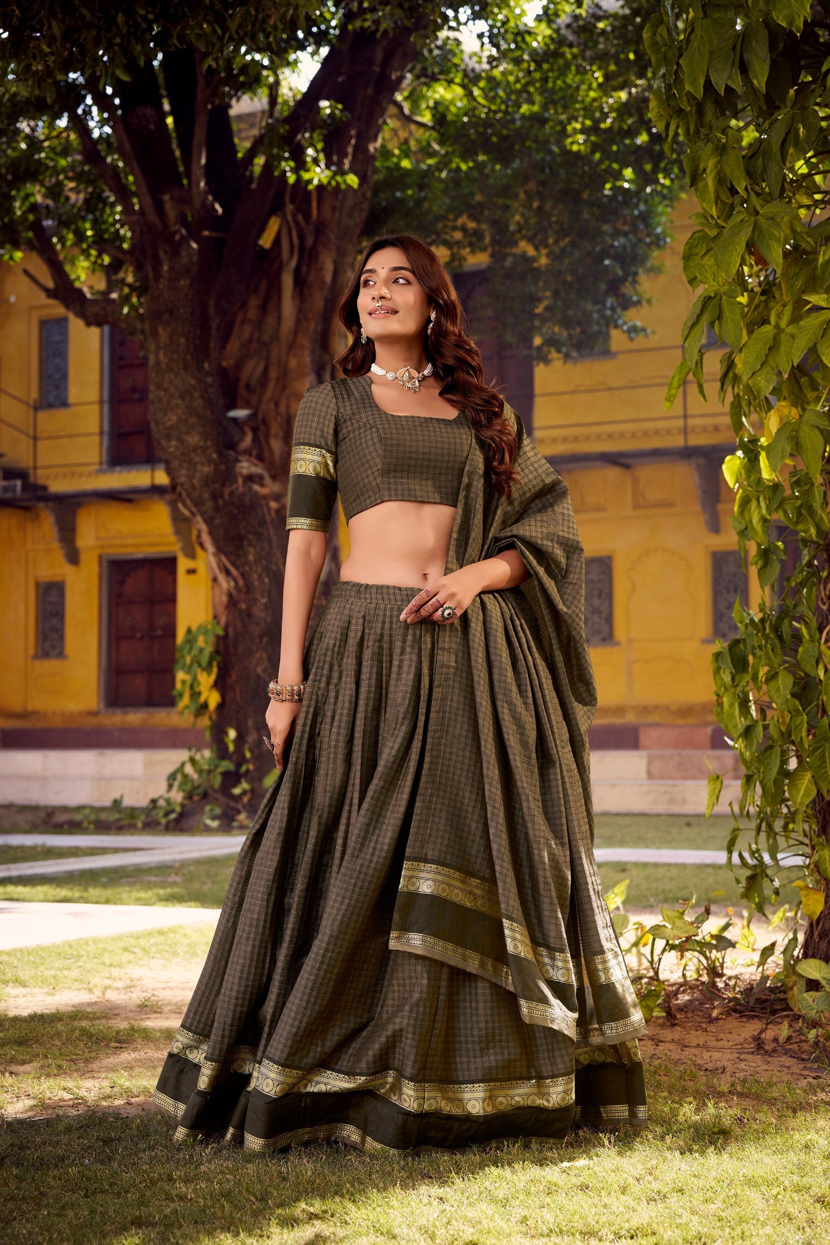 Gray Elegant Stitched Chettinad Cotton Lehenga with Checks & Zari Weaving – Traditional Festive Wear Set Secondary image