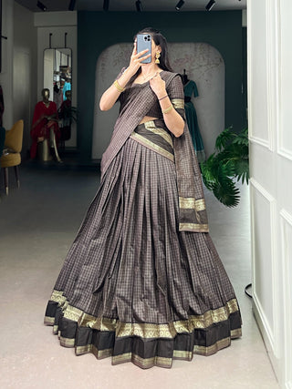 Gray Elegant Stitched Chettinad Cotton Lehenga with Checks & Zari Weaving – Traditional Festive Wear Set ClothsVilla