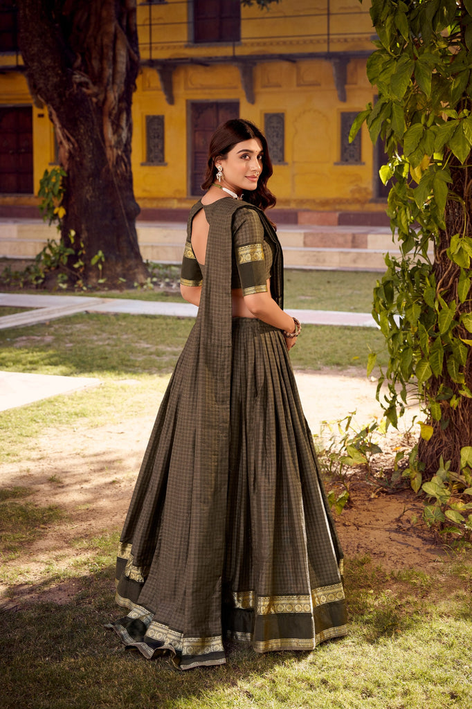 Gray Elegant Stitched Chettinad Cotton Lehenga with Checks & Zari Weaving – Traditional Festive Wear Set ClothsVilla