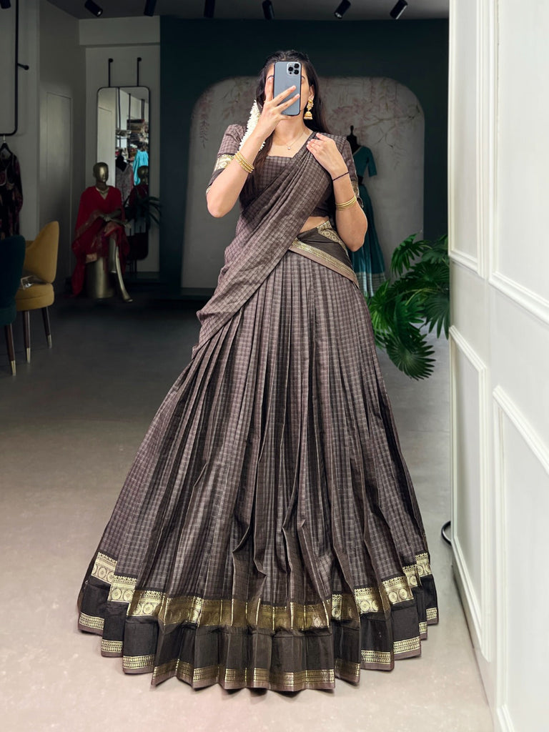 Gray Elegant Stitched Chettinad Cotton Lehenga with Checks & Zari Weaving – Traditional Festive Wear Set ClothsVilla