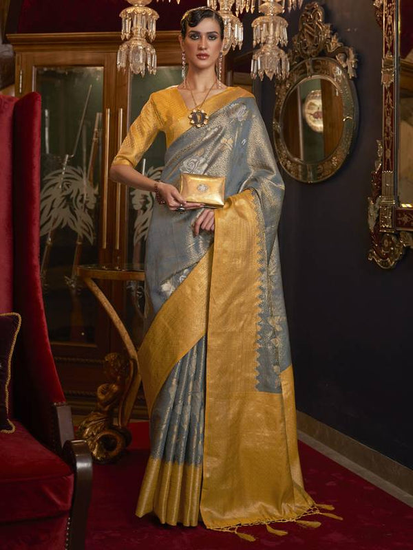 Gray Elegant Tanchoi Woven Banarasi Silk Blend Saree with Blouse Piece ClothsVilla