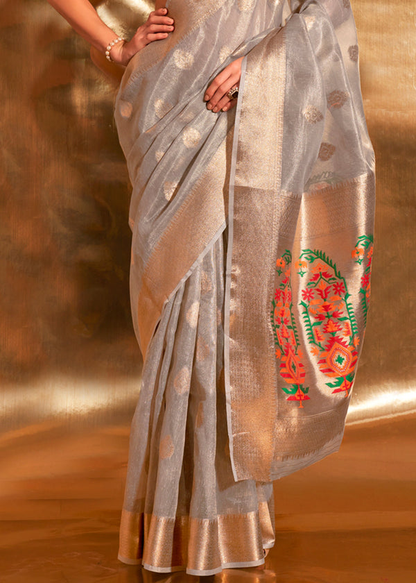 Gray Elegant Tissue Paithani Silk Saree with Designer Border & Embroidered Pallu ClothsVilla