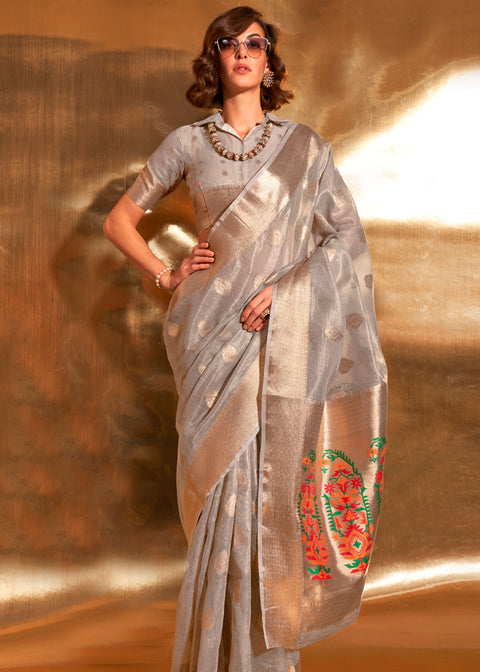 Gray Elegant Tissue Paithani Silk Saree with Designer Border & Embroidered Pallu ClothsVilla Main image