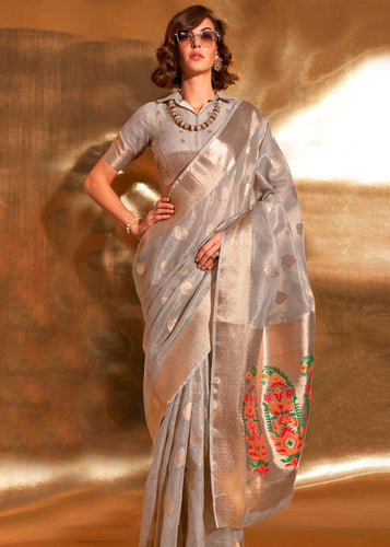 Gray Elegant Tissue Paithani Silk Saree with Designer Border & Embroidered Pallu ClothsVilla