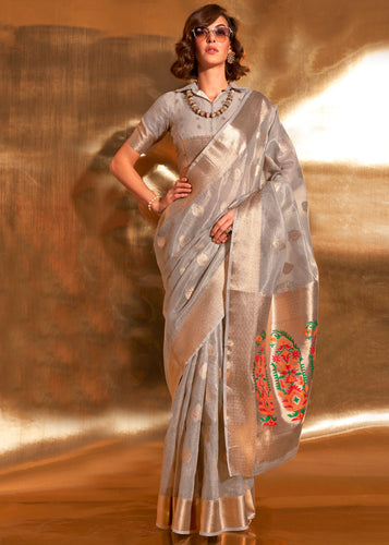 Gray Elegant Tissue Paithani Silk Saree with Designer Border & Embroidered Pallu ClothsVilla