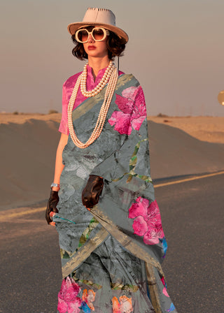 Gray Elegant Tussar Silk Blend Saree with Blouse Piece ClothsVilla