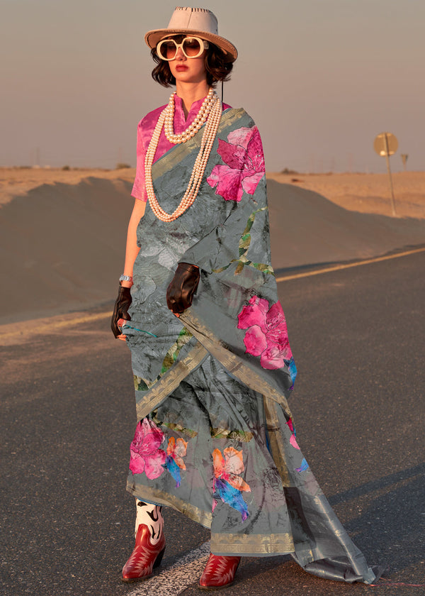 Gray Elegant Tussar Silk Blend Saree with Blouse Piece ClothsVilla
