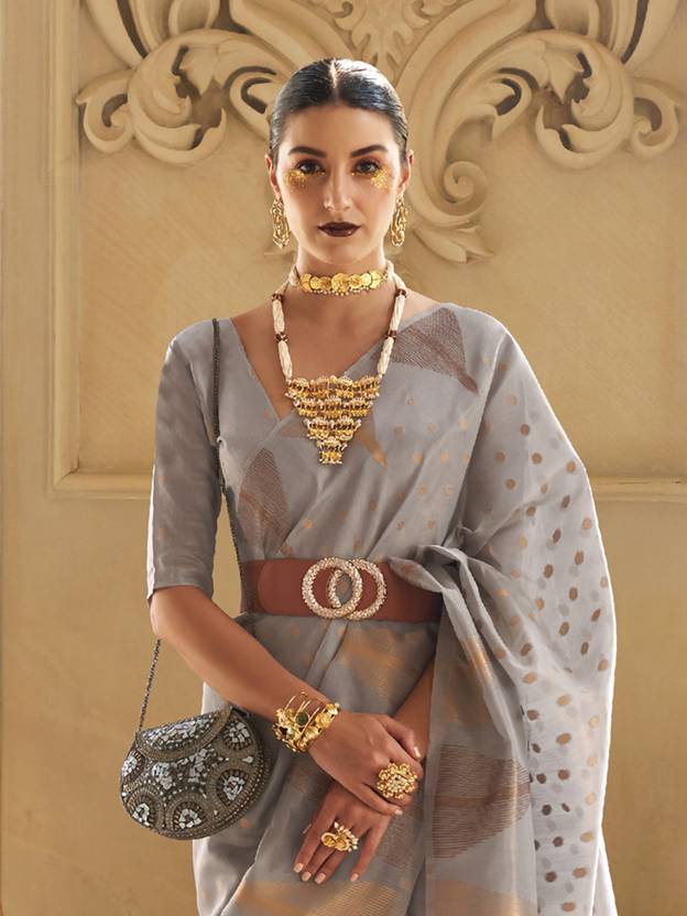 Gray Embroidered Banarasi Tissue Saree with Tassels ClothsVilla