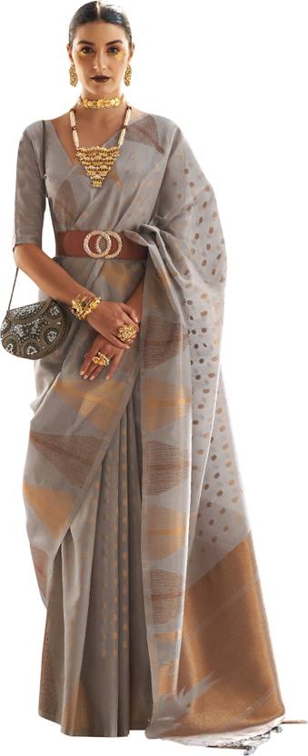 Gray Embroidered Banarasi Tissue Saree with Tassels ClothsVilla