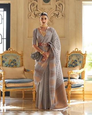 Gray Embroidered Banarasi Tissue Saree with Tassels ClothsVilla