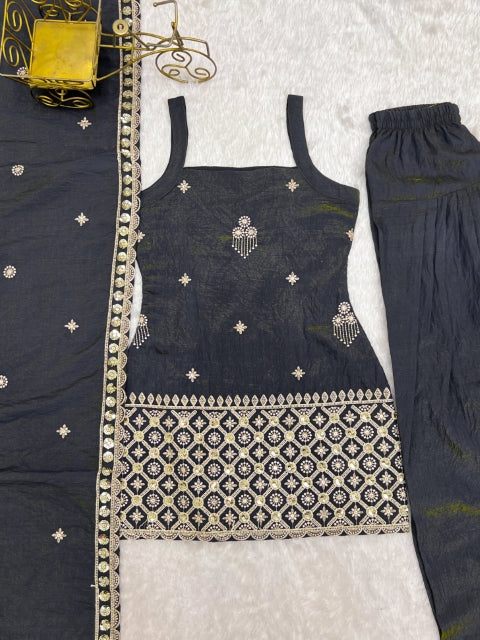 Gray Embroidered Kurta Set with Farshi Shalwar ClothsVilla