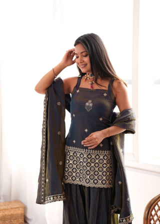 Gray Embroidered Kurta Set with Farshi Shalwar ClothsVilla