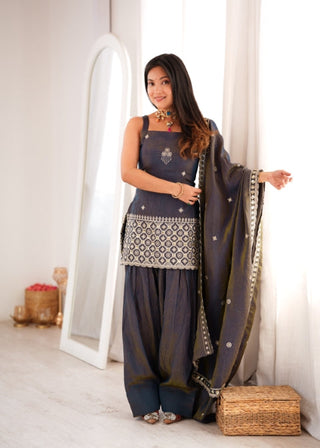 Gray Embroidered Kurta Set with Farshi Shalwar ClothsVilla
