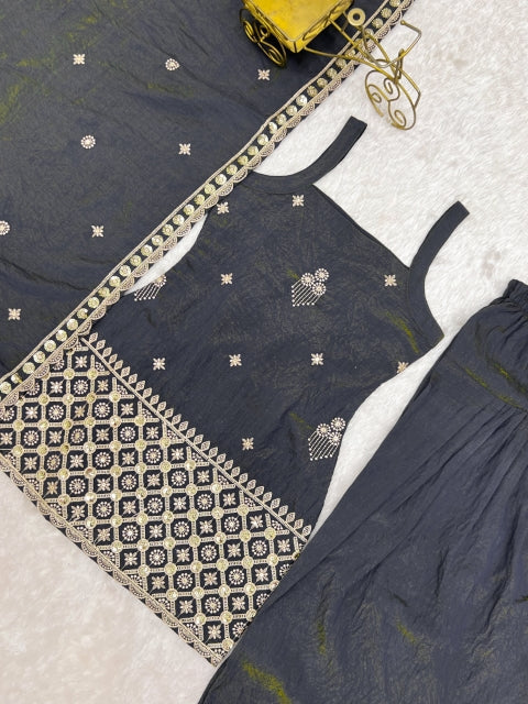 Gray Embroidered Kurta Set with Farshi Shalwar ClothsVilla