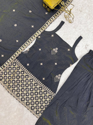Gray Embroidered Kurta Set with Farshi Shalwar ClothsVilla