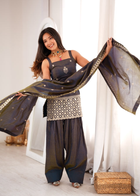 Gray Embroidered Kurta Set with Farshi Shalwar ClothsVilla