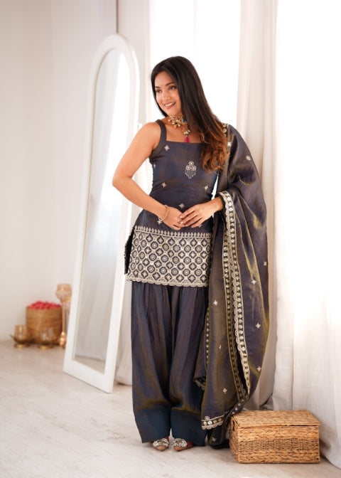 Gray Embroidered Kurta Set with Farshi Shalwar ClothsVilla