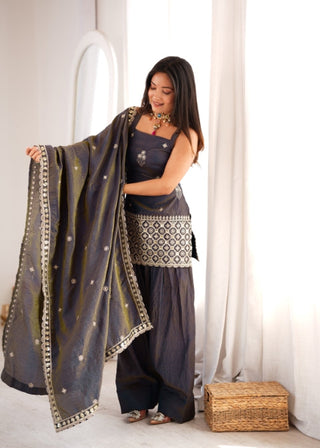 Gray Embroidered Kurta Set with Farshi Shalwar ClothsVilla