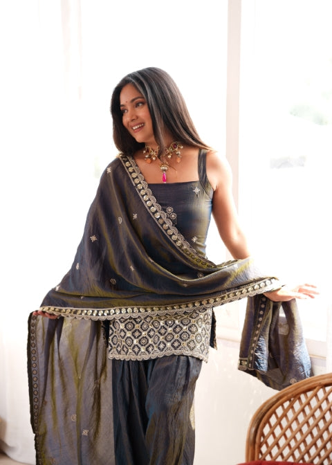 Gray Embroidered Kurta Set with Farshi Shalwar ClothsVilla