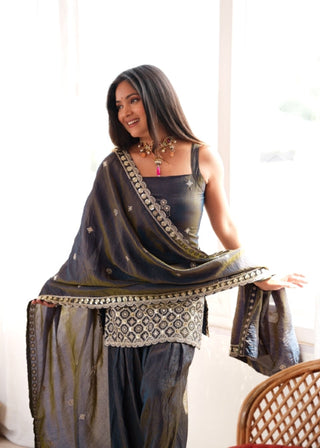 Gray Embroidered Kurta Set with Farshi Shalwar ClothsVilla