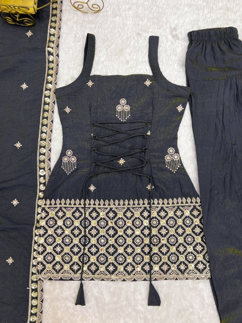Gray Embroidered Kurta Set with Farshi Shalwar ClothsVilla