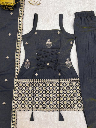 Gray Embroidered Kurta Set with Farshi Shalwar ClothsVilla