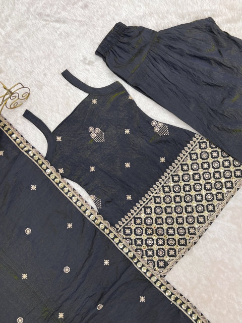 Gray Embroidered Kurta Set with Farshi Shalwar ClothsVilla