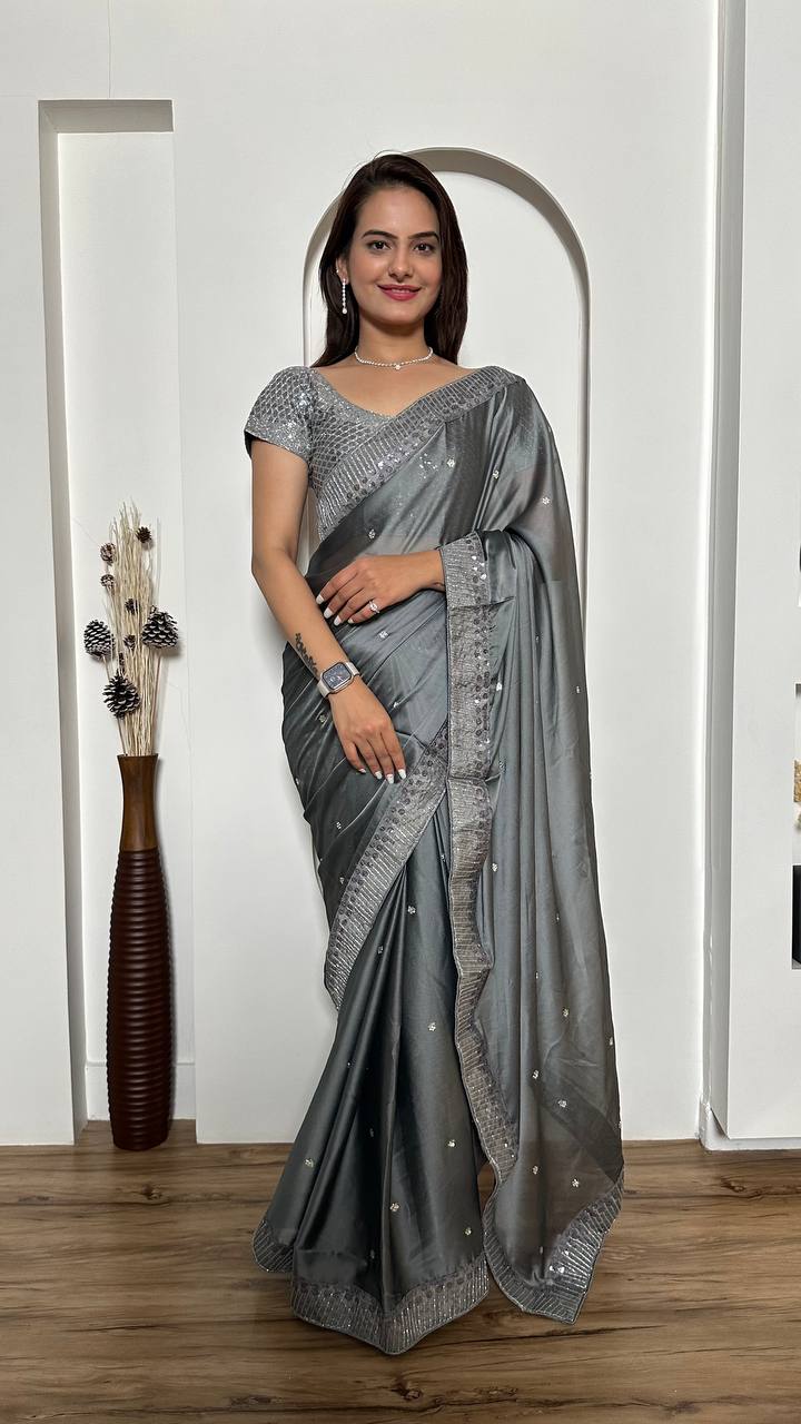 Gray Exclusive Designer Rangoli Silk Saree with Sequins & Stone Work Clothsvilla