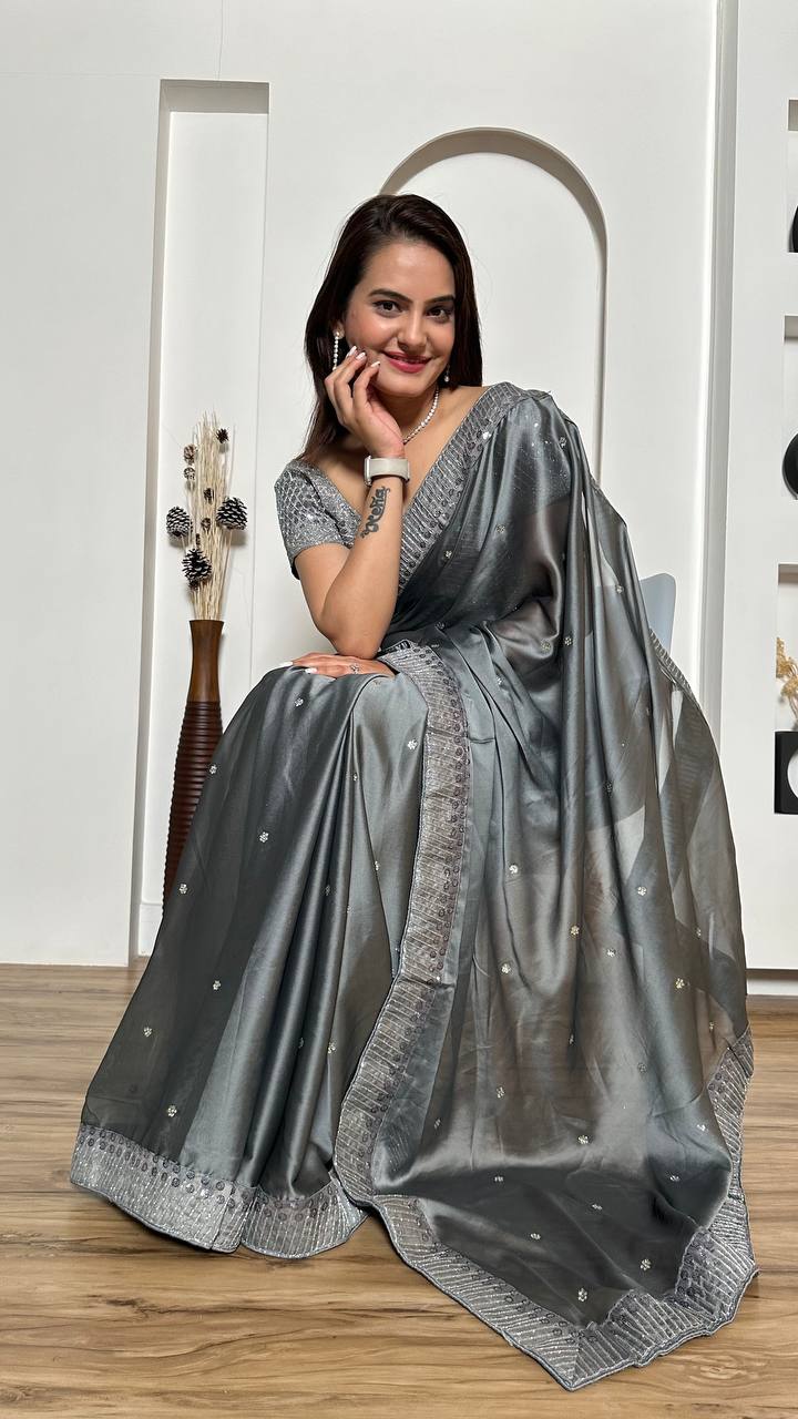 Gray Exclusive Designer Rangoli Silk Saree with Sequins & Stone Work Clothsvilla