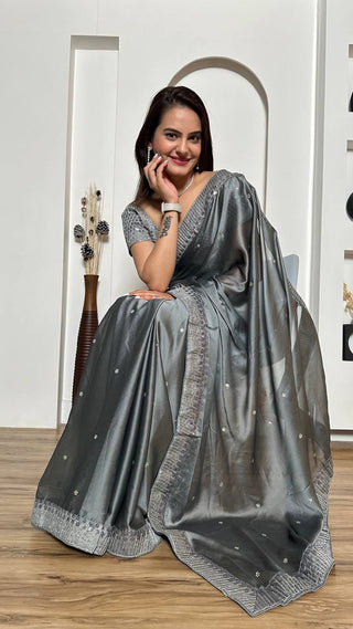 Gray Exclusive Designer Rangoli Silk Saree with Sequins & Stone Work Clothsvilla