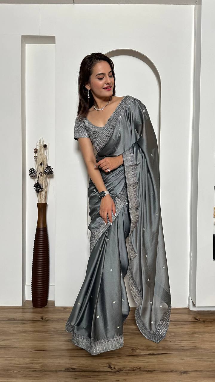 Gray Exclusive Designer Rangoli Silk Saree with Sequins & Stone Work Clothsvilla
