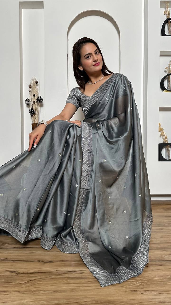 Gray Exclusive Designer Rangoli Silk Saree with Sequins & Stone Work Clothsvilla