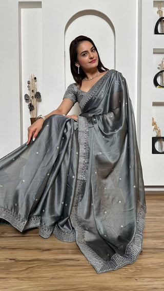 Gray Exclusive Designer Rangoli Silk Saree with Sequins & Stone Work Clothsvilla