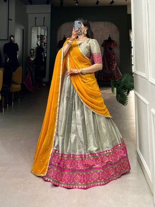 Gray Exquisite Jacquard Silk Kanjivaram Ikkat Lehenga Set with Georgette Dupatta