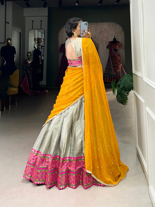 Gray Exquisite Jacquard Silk Kanjivaram Ikkat Lehenga Set with Georgette Dupatta