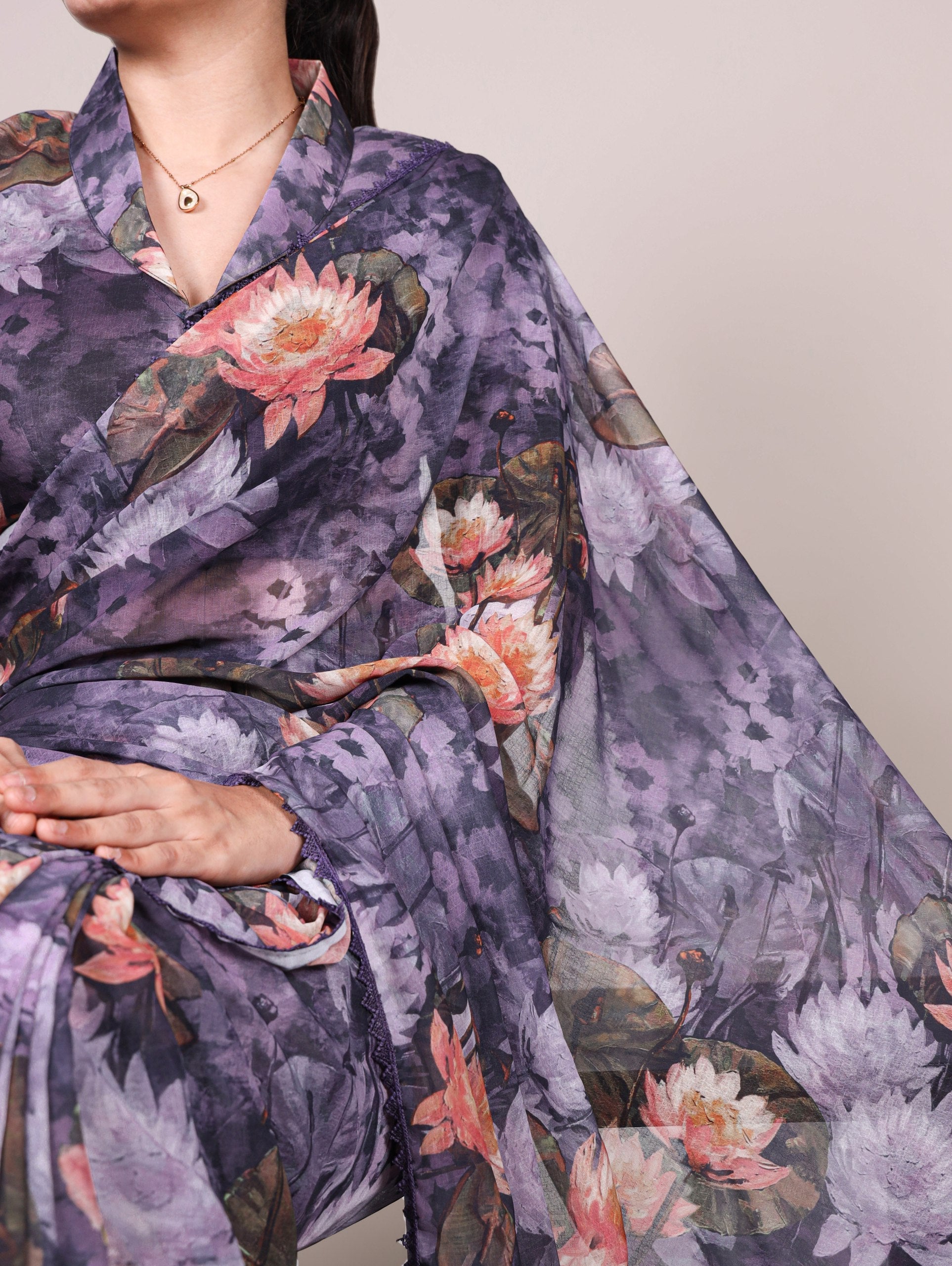 Gray Floral Printed Weightless Marble Saree with Lace Border & Matching Blouse ClothsVilla