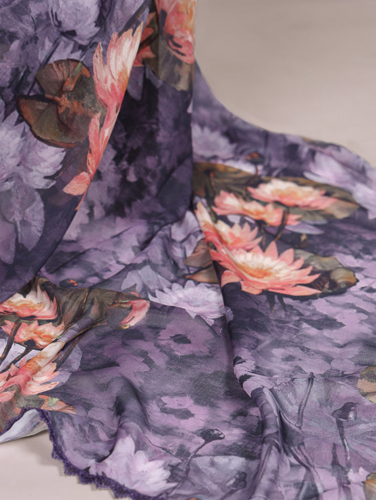 Gray Floral Printed Weightless Marble Saree with Lace Border & Matching Blouse ClothsVilla