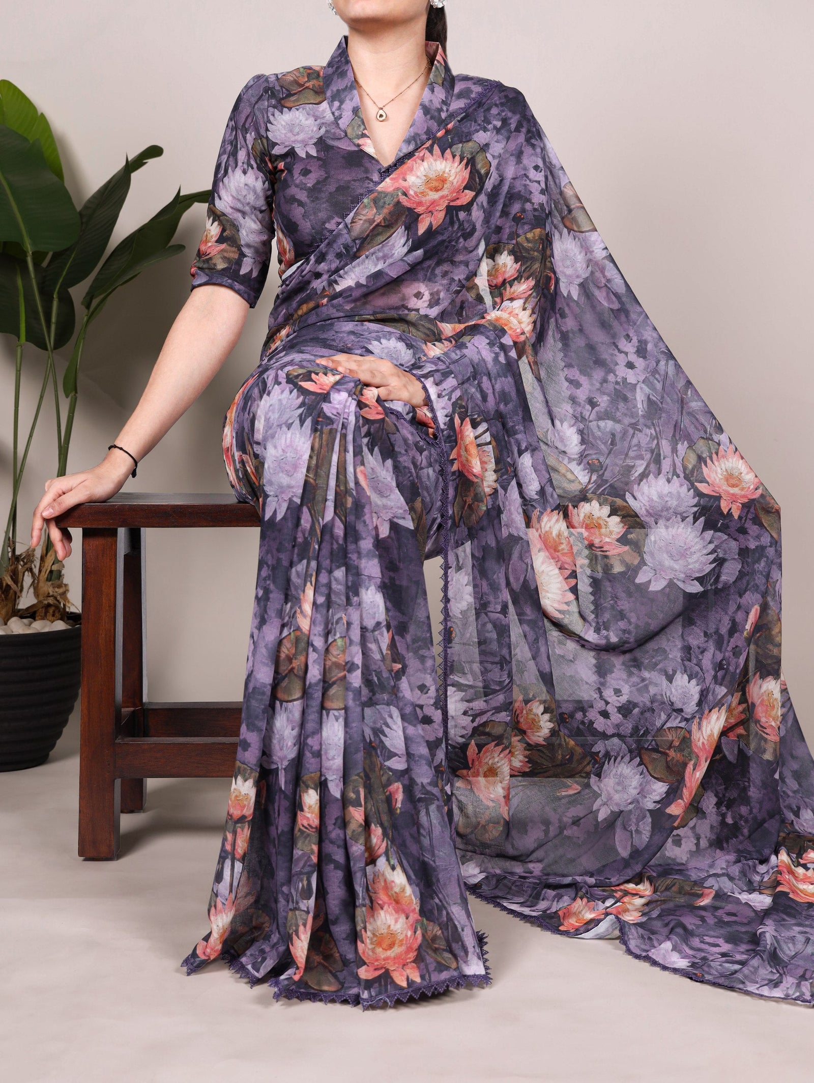 Gray Floral Printed Weightless Marble Saree with Lace Border & Matching Blouse ClothsVilla