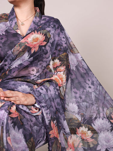 Gray Floral Printed Weightless Marble Saree with Lace Border & Matching Blouse ClothsVilla