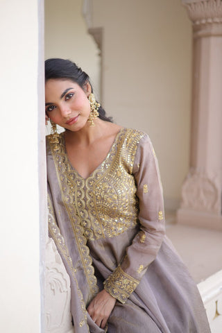Gray Gold Crush Anarkali Gown ClothsVilla