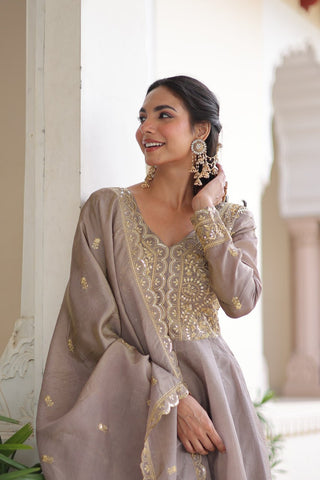 Gray Gold Crush Anarkali Gown ClothsVilla