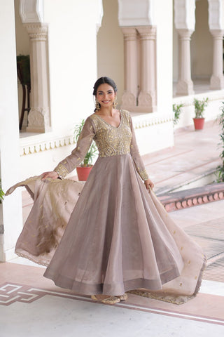 Gray Gold Crush Anarkali Gown ClothsVilla