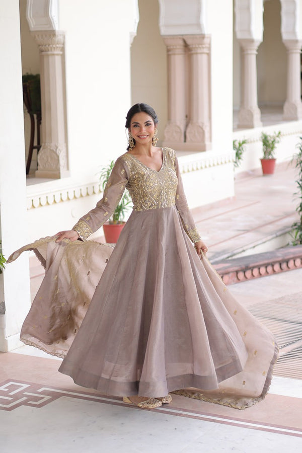 Gray Gold Crush Anarkali Gown ClothsVilla