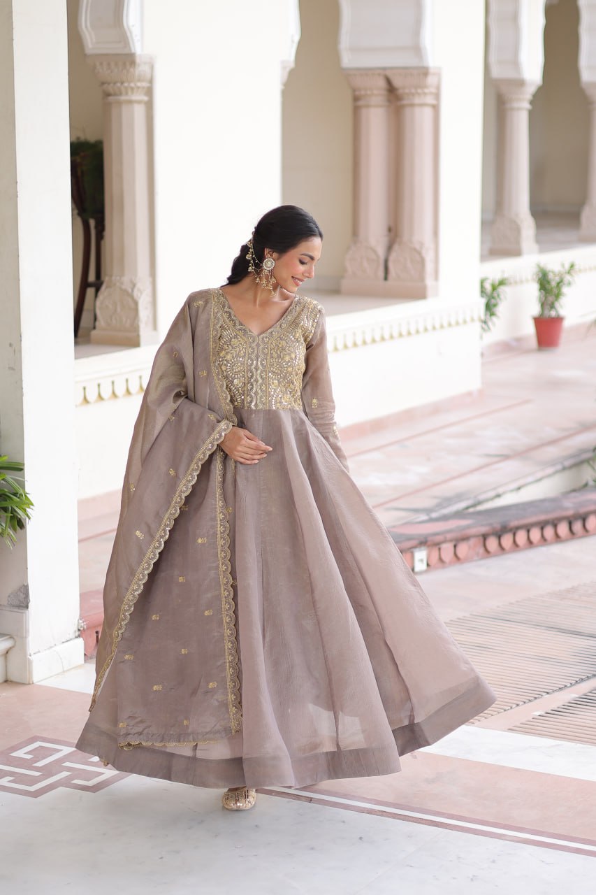 Gray Gold Crush Anarkali Gown ClothsVilla