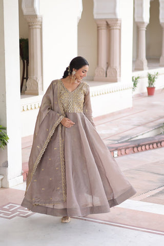 Gray Gold Crush Anarkali Gown ClothsVilla