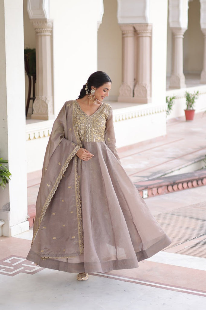 Gray Gold Crush Anarkali Gown ClothsVilla